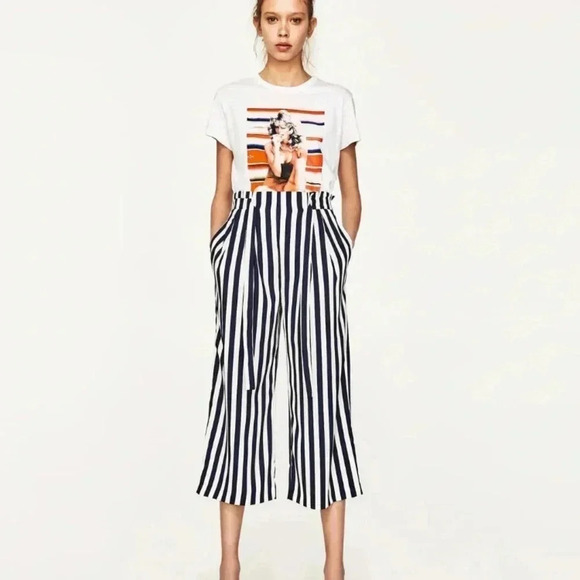 Zara Paperbag Wide Leg Cropped Pant • m • Navy Stripe - Picture 1 of 6